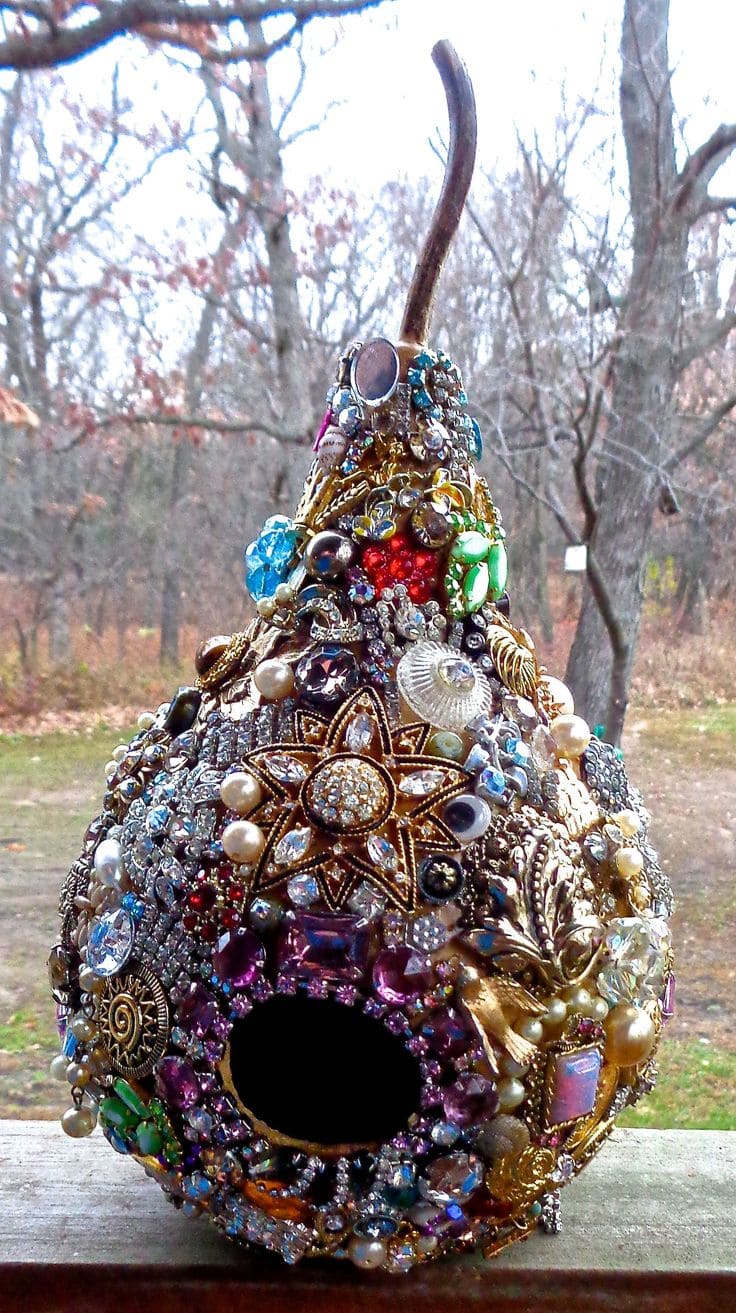 Glamorous Bejeweled Gourd Birdhouse Art