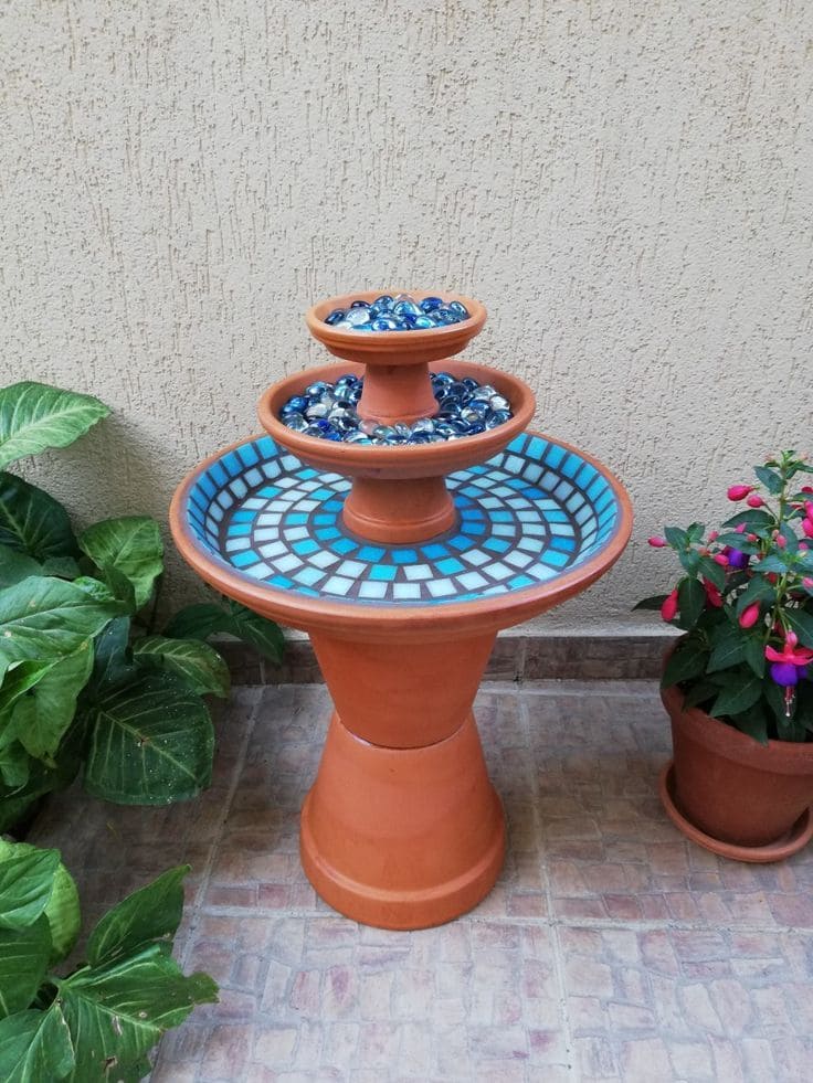Stacked Terracotta Mosaic Birdbath