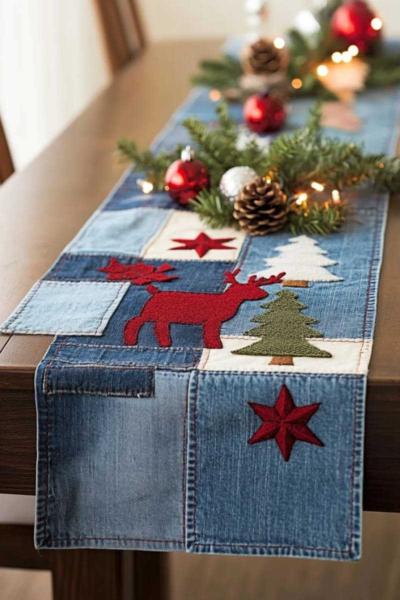 Festive Denim Patchwork Table Runner