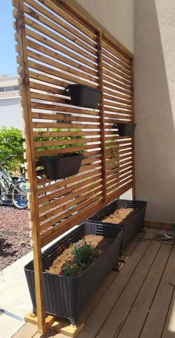Modern Slatted Wooden Planter Privacy Wall
