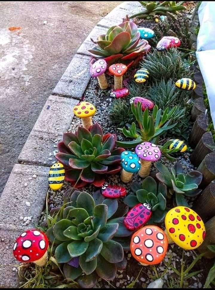Painted Pebble Mushroom Patch and Bug Friends