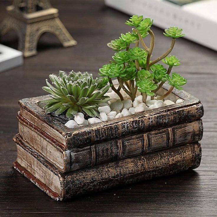 Vintage Book Stack Planter with Succulents