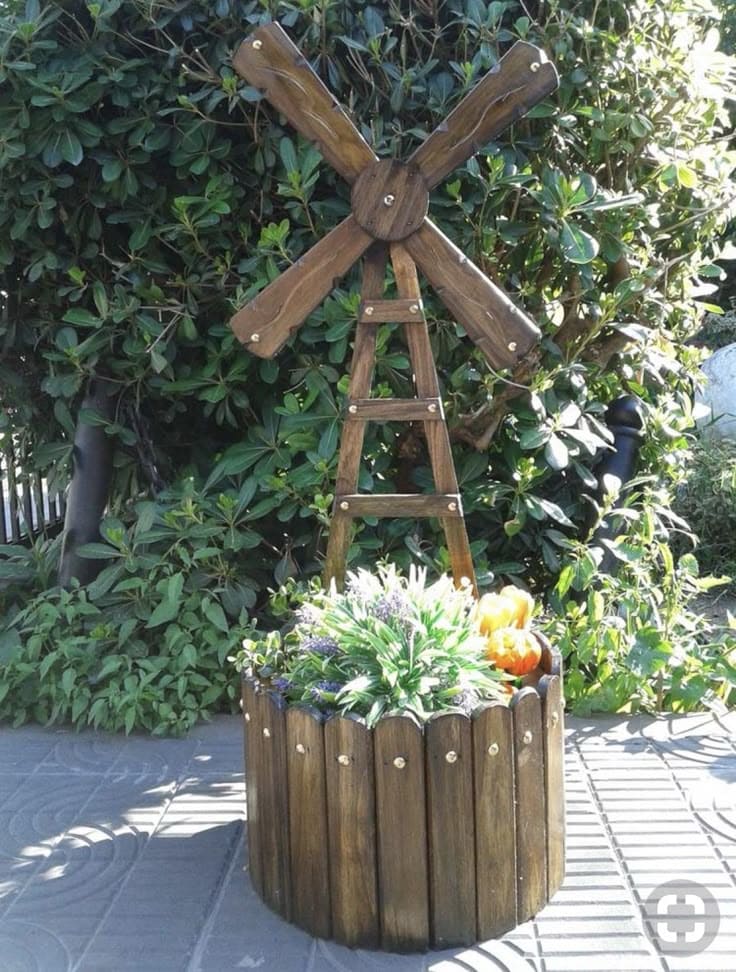 Charming Windmill Pallet Flower Barrel
