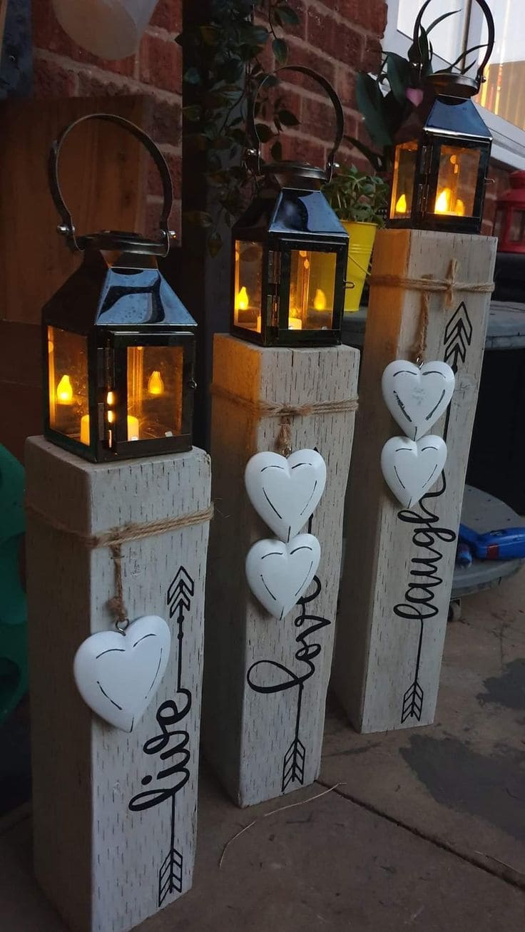 Rustic Wooden Lantern Pillars with Heart Charm