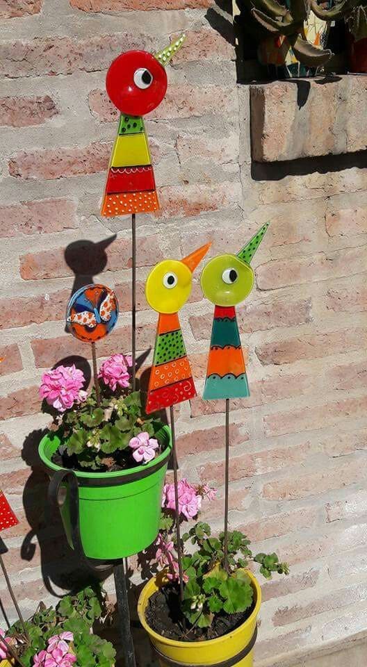 Whimsical Painted Bird Garden Stakes