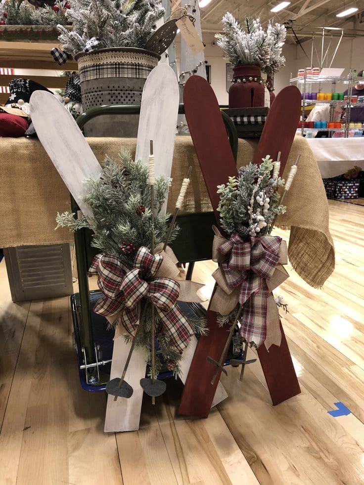 Rustic Ski Decor with Plaid Bow