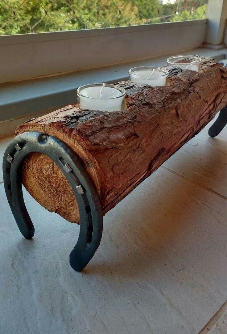 Rustic Horseshoe Log Candle Holder