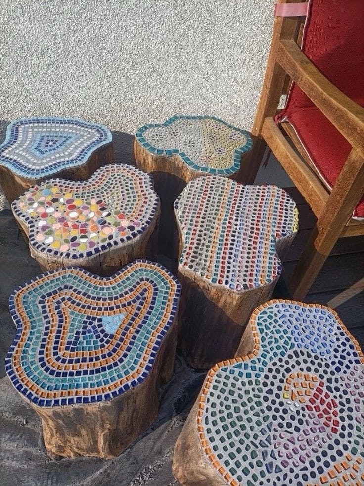 Colorful Mosaic Tree Stump Tables