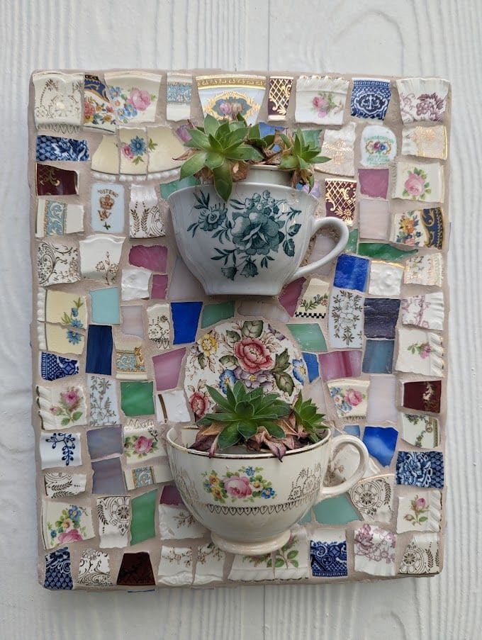 Whimsical Mosaic Tea Cup Planter Art