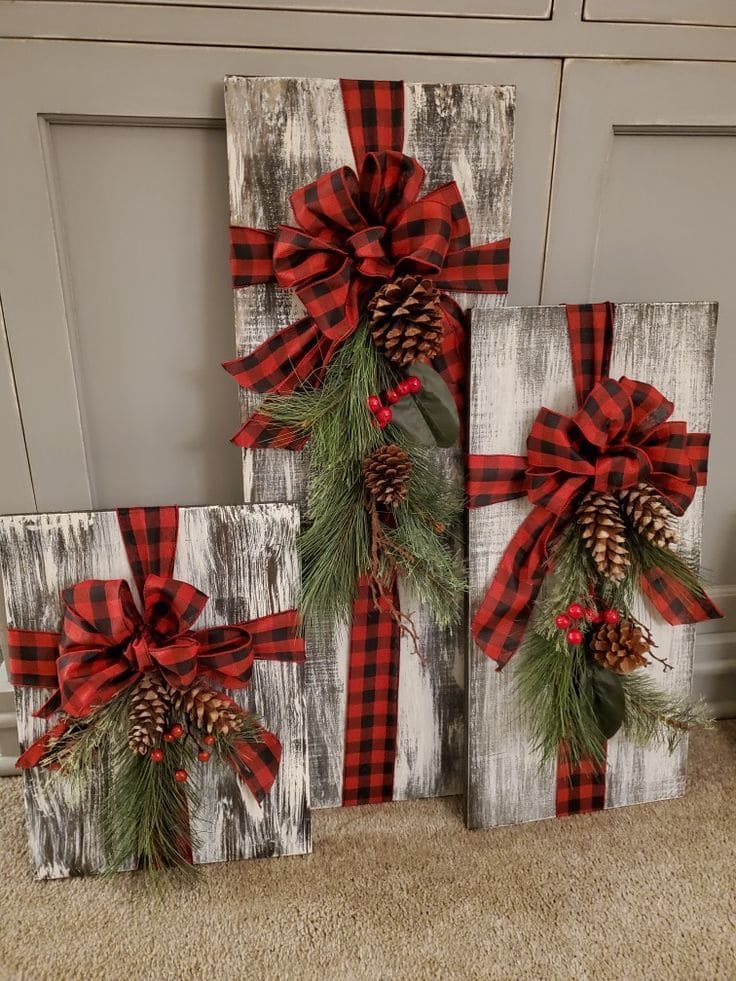 Rustic Wood Gift Wrap with Red Plaid Bows