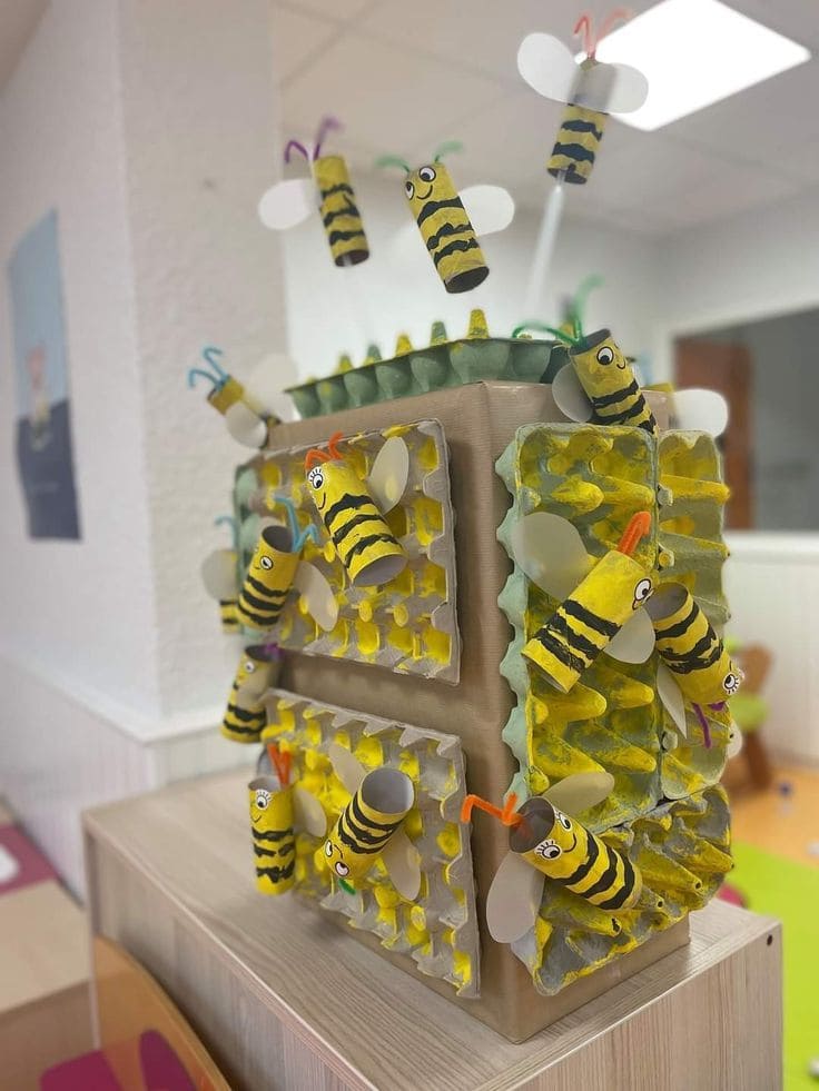 Whimsical Recycled Beehive Craft for Kids