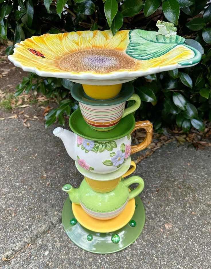Stacked Teacup and Sunflower Birdbath