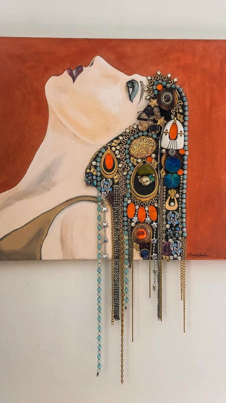 Mixed Media Portrait with Jewelry Collage