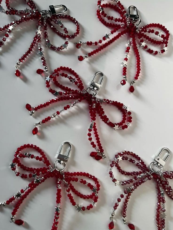 Radiant Red Beaded Bow Keychains