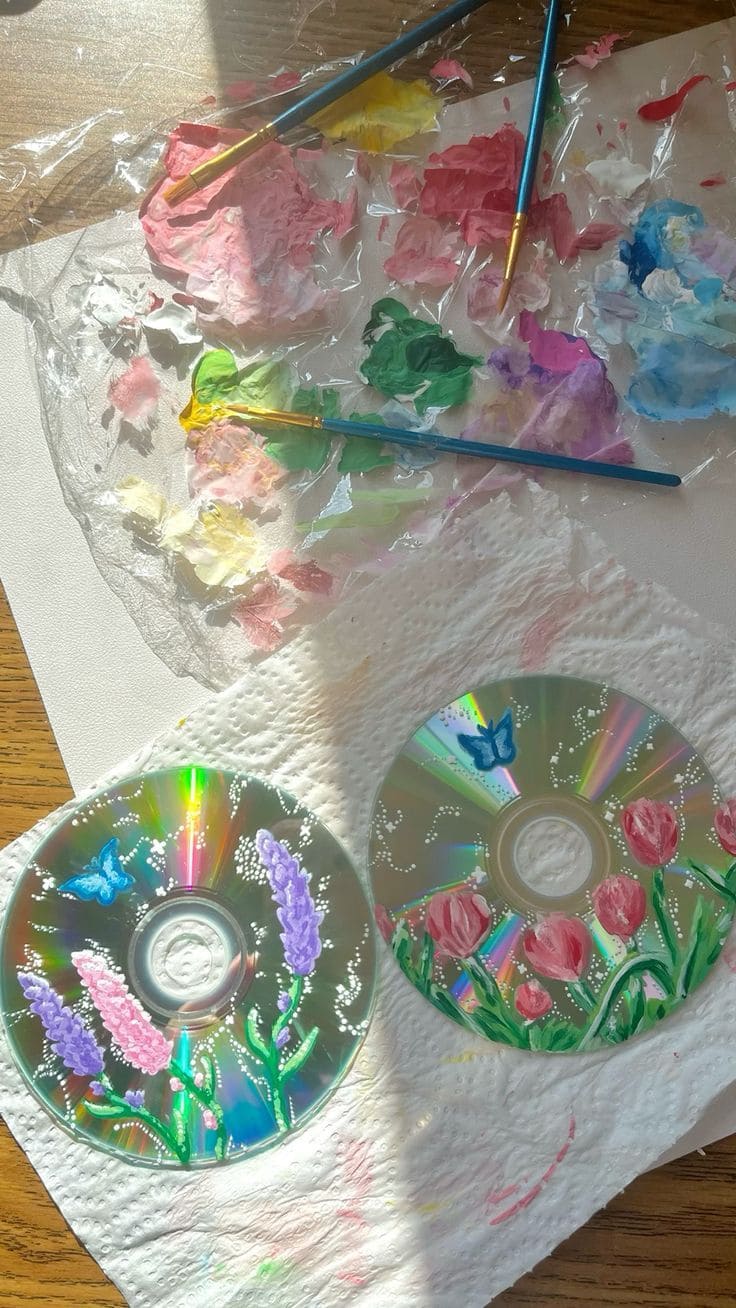 Whimsical Hand-Painted Floral CD Art