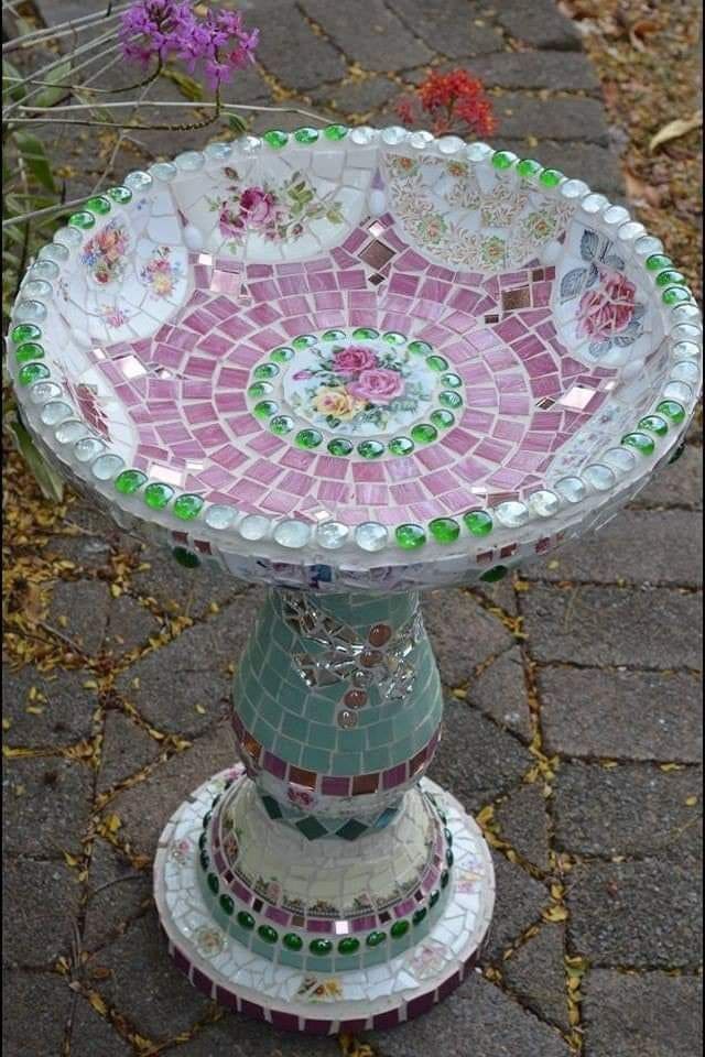 Whimsical Upcycled Mosaic Birdbath
