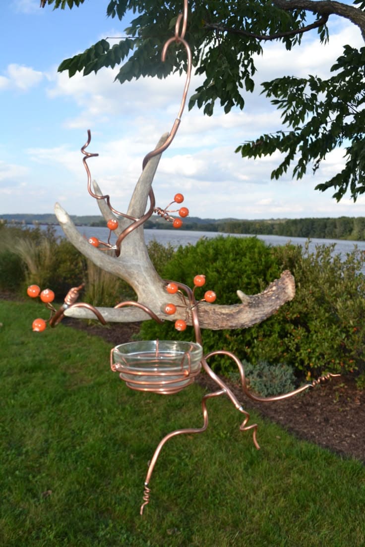 Antler and Copper Wire Hanging Birdbath