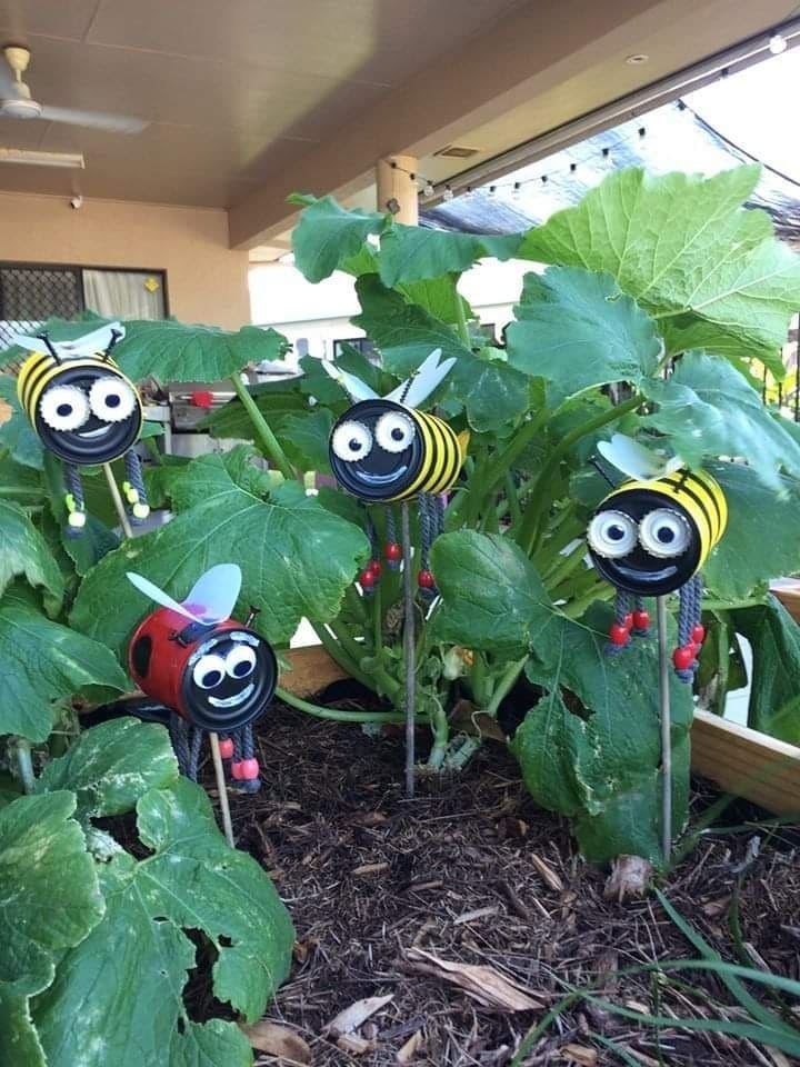 Tin Can Bees and Ladybugs Garden Stake