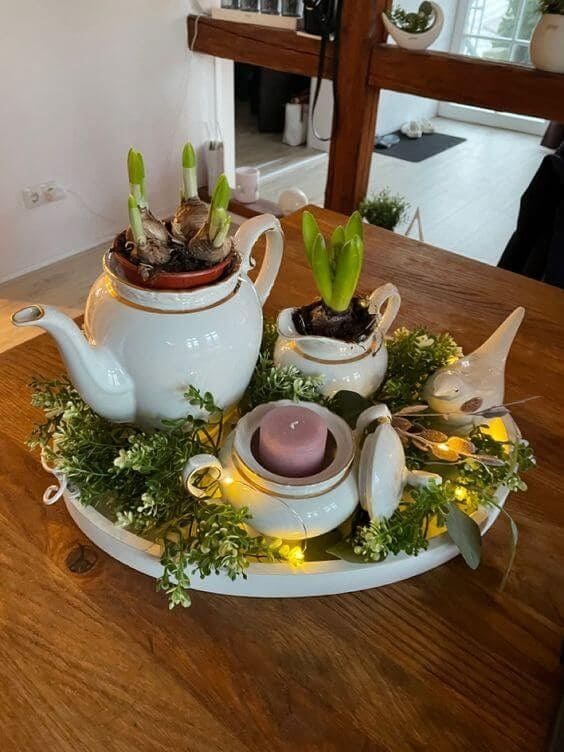 Charming Vintage Teapot Easter Display