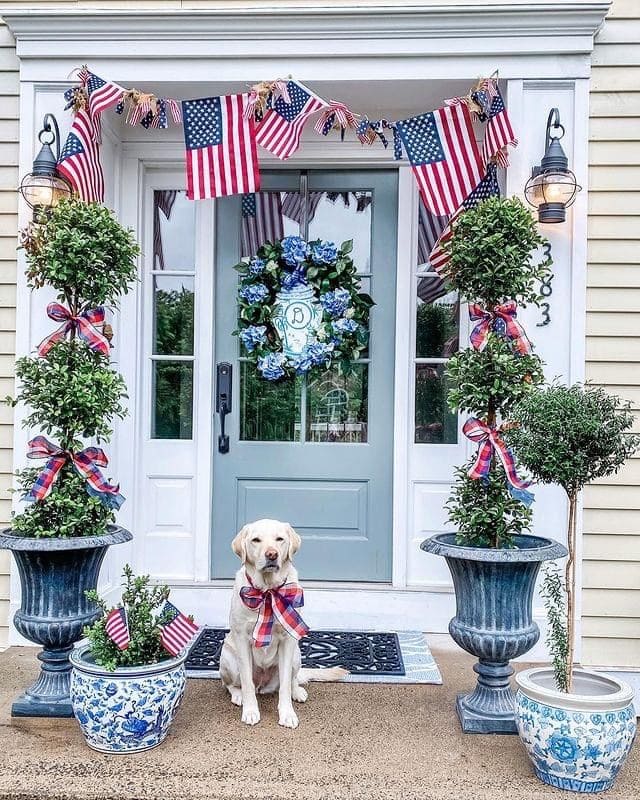 Patriotic Porch with Pup and Plants