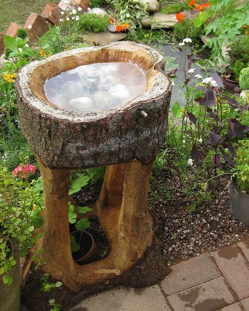 Carved Tree Stump Birdbath