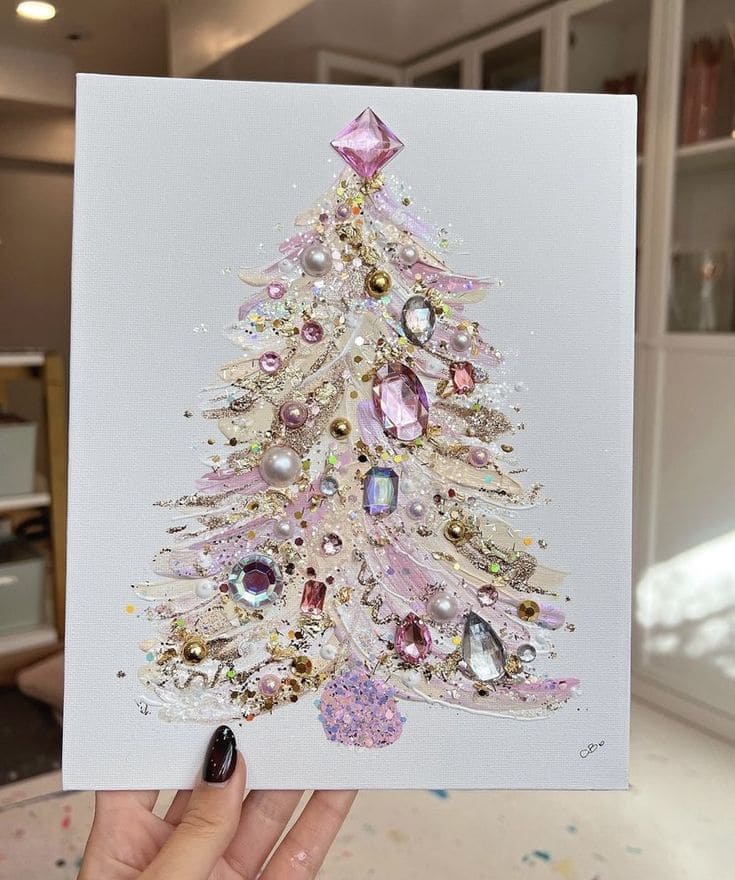 Glittering Jewelry-Embellished Christmas Canvas Art