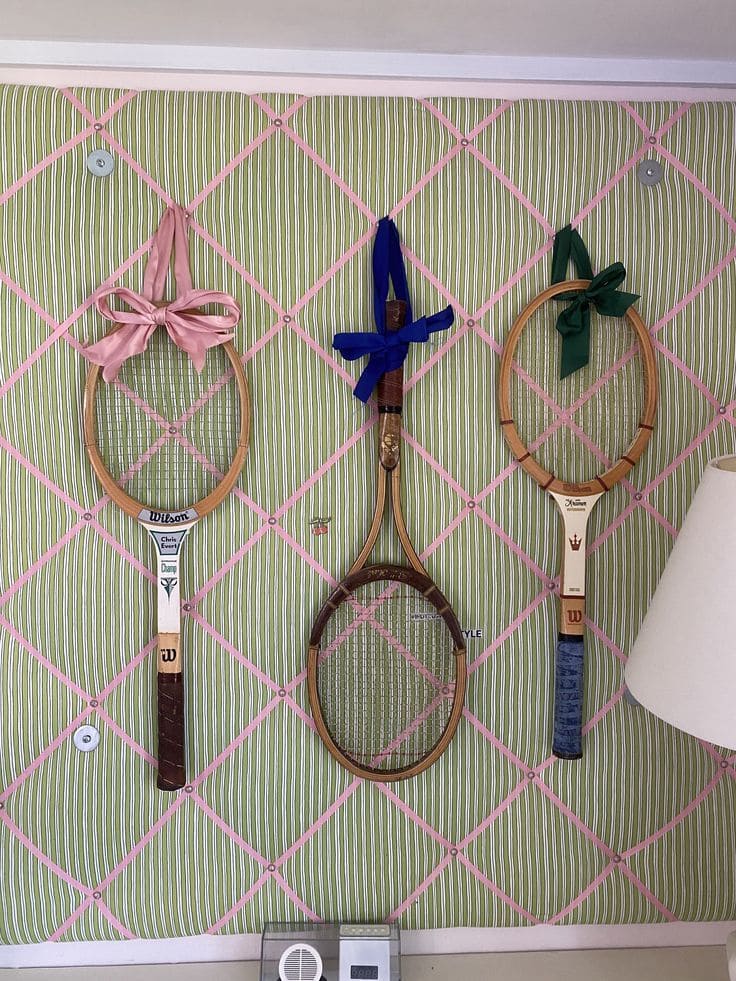 Whimsical Ribbon-Wrapped Tennis Racket Wall Art