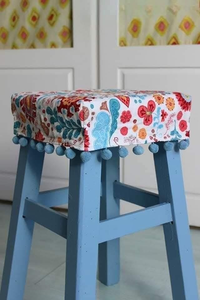 Fabric-Covered Stool Topper with Pom-Pom Trim
