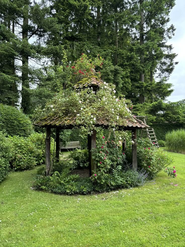 Charming Rustic Gazebo with Floral Canopy