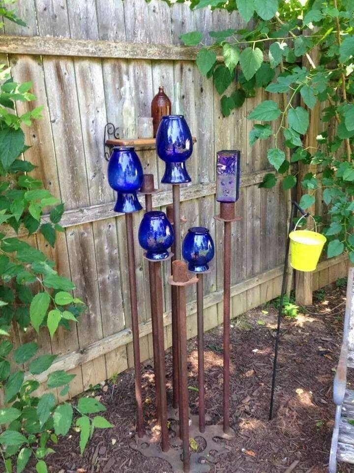 Vintage Cobalt Bottle Garden Totem