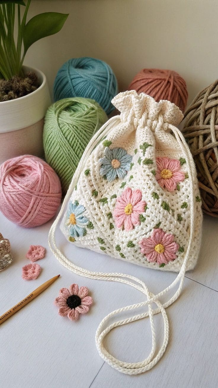 Crochet Floral Drawstring Bag