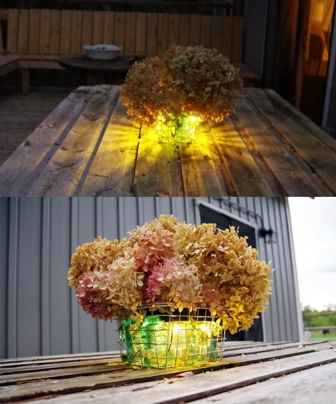 Rustic Wire Basket Flower Light Centerpiece