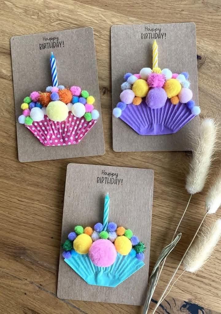 Colorful Pom-Pom Cupcake Birthday Card