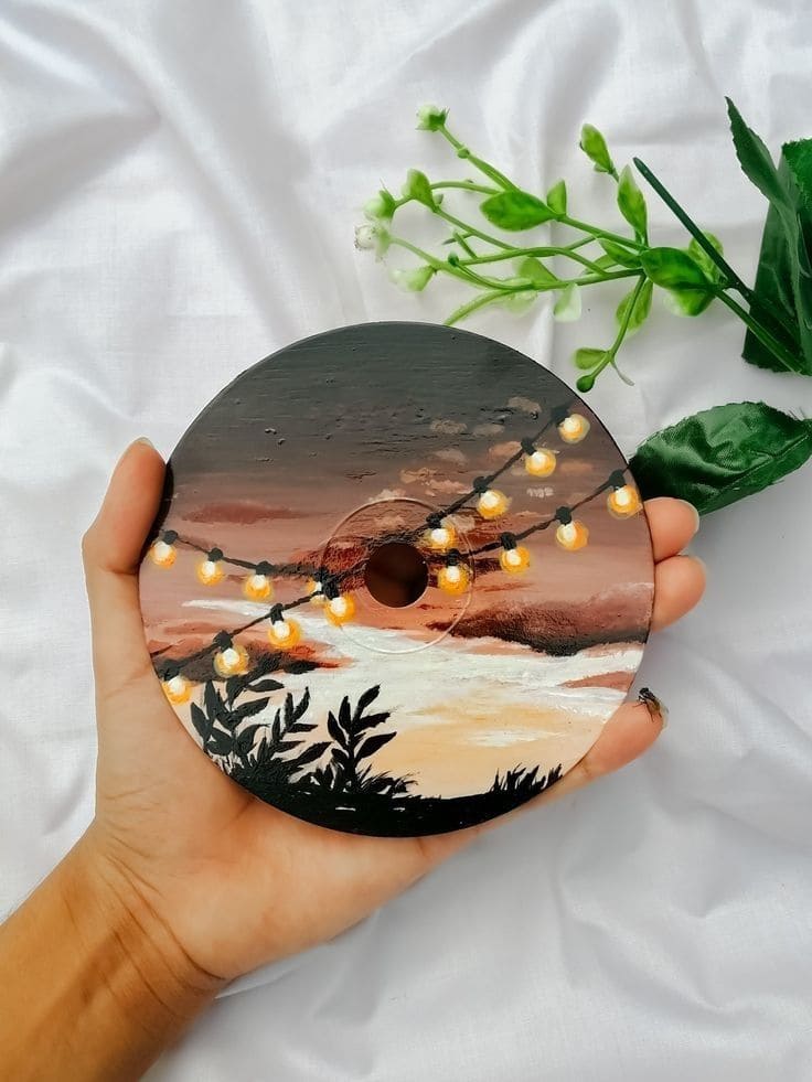 Enchanting Sunset Vinyl Painting with Glowing Lights