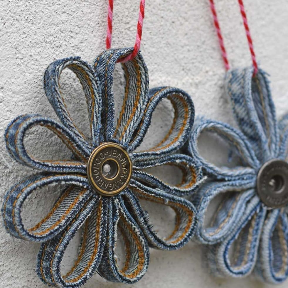 Recycled Denim Button Flower Ornaments