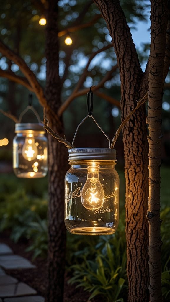 Vintage Jar Lanterns Hanging from Trees
