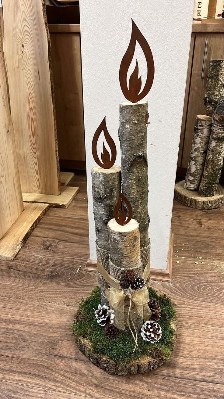 Festive Wood Decor with Metal Flame Cutouts