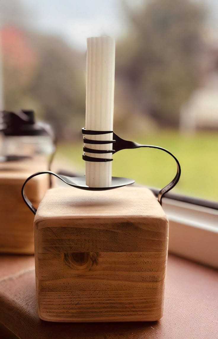 Fork-Grip Candle Holder on Wood Block