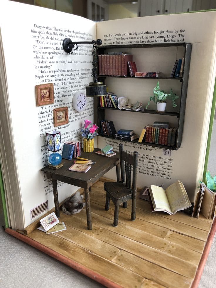 Miniature Library Scene Built into Pages