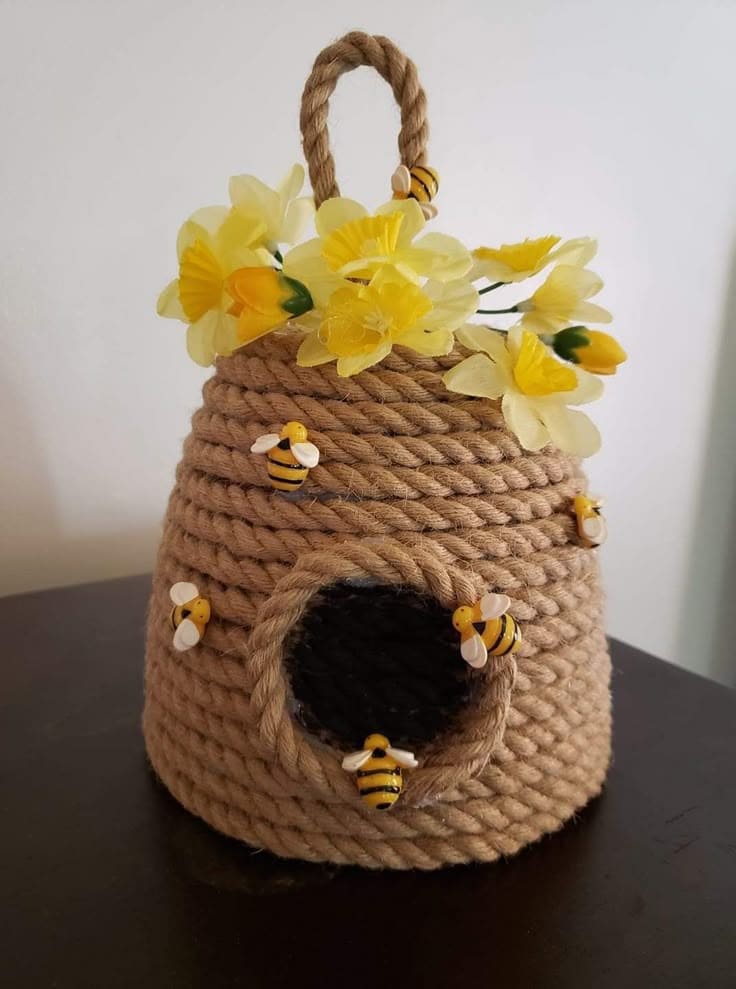 Rustic Rope Beehive with Floral Charm