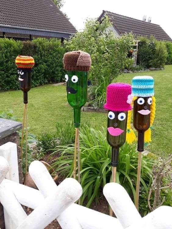 Whimsical Bottle People Garden Stakes